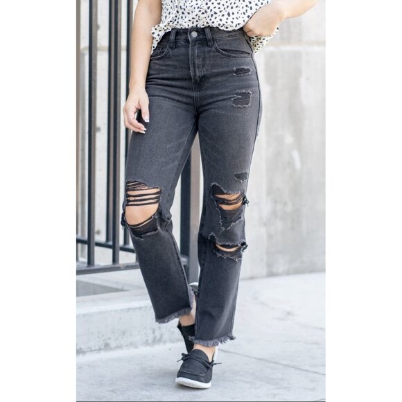 Flying Monkey Black Label Jeans Womens 25 Black Distressed Super High Rise Crop - Picture 1 of 16